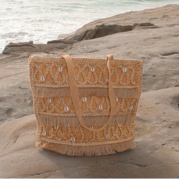 Salt + Umber Isla Jute Seashell Fringe‎ Tote Bag New - Picture 2 of 15